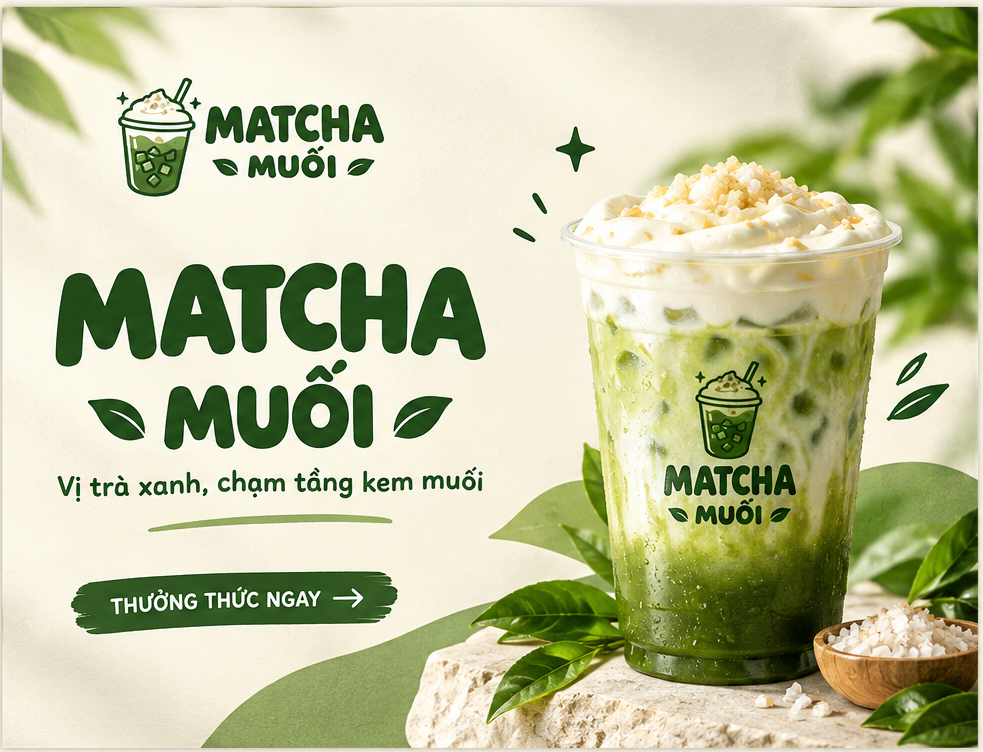 Banner Matcha Muối Café với ly matcha kem muối đặc trưng